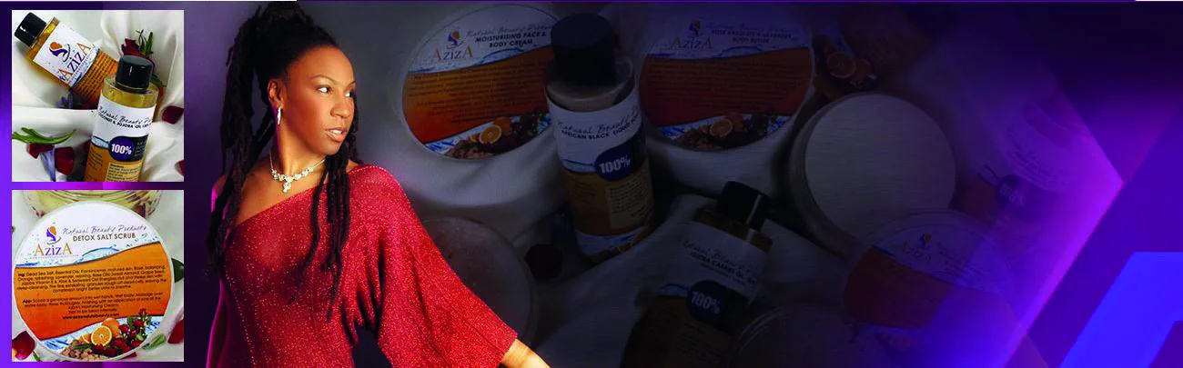 Aziza Natural Beauty campaign image featuring the founder and natural beauty products
