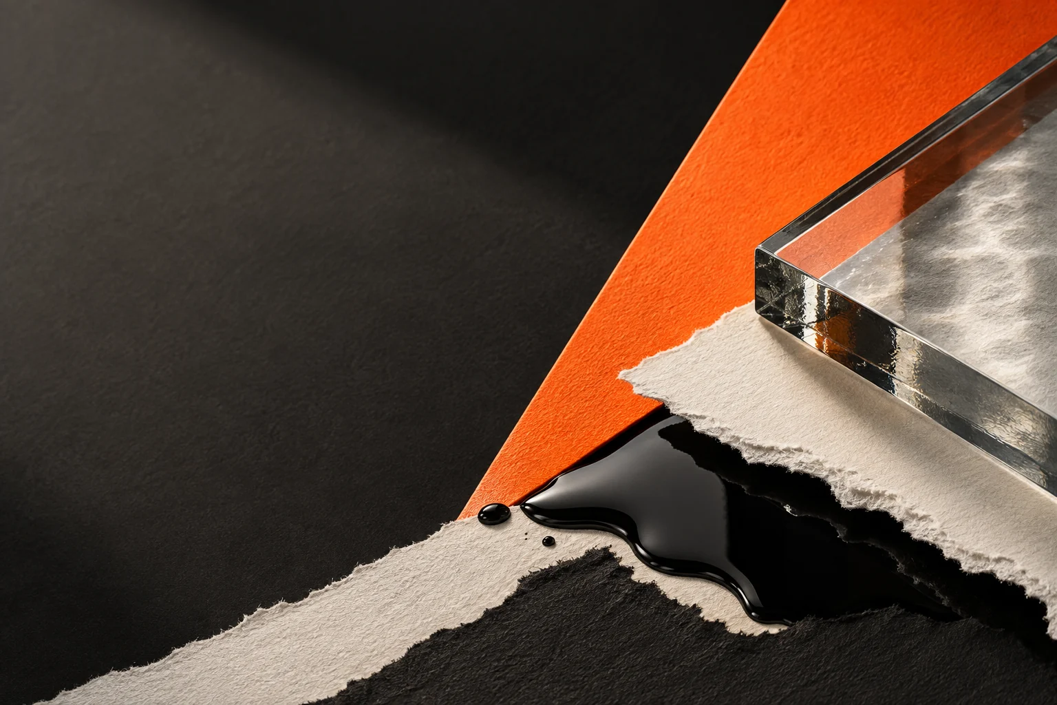 Layered black and warm white paper, orange card and glass arranged as an abstract composition