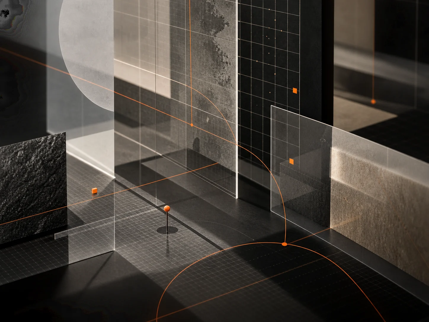 Abstract architectural layers and precise orange lines representing connected global systems